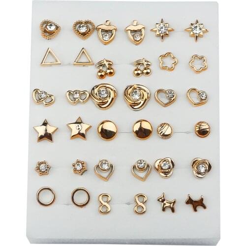 Gold 18Pairs Women Acrylic Crystal Small Stud Earrings Sets Girl Child Heart Star Animal Moon Crown Earring Jewelry