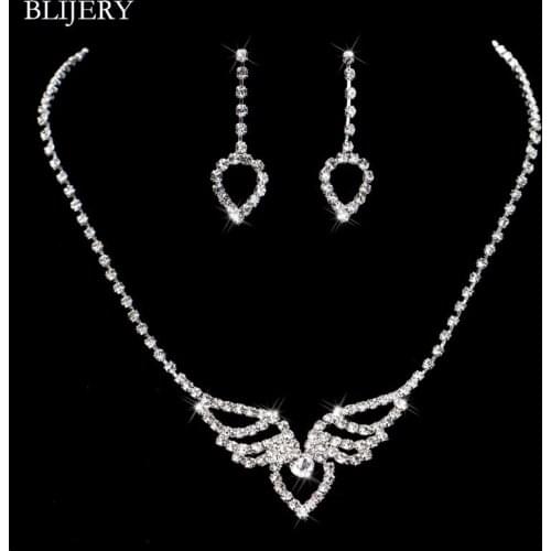 BLIJERY Silver Color Crystal Bridal Jewelry Sets Rhinestone Heart Wing Shape Necklace Earrings Wedding Jewelry Set for Women