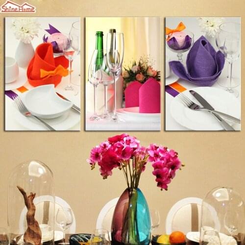 ShineHome-3pcs Wall Art Canvas Paintings Triptych Prints Wine Glass Cutlery Purple Bright Picture for Hotel Restaurant Decortion