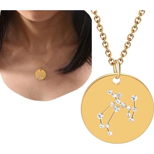 12 Zodiac Constellation Charm Necklaces Gold Color Rhinestone Choker Coin Necklace for Women Girls Party Jewelry