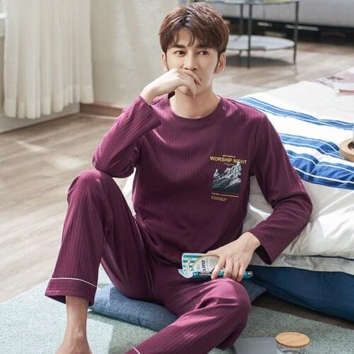 Newest Full Pure Cotton Mens Pajamas Set Big Size M-3XL Autumn Sleepwear Mens Long Sleeve Nightwear Long Pants Leisure Outwear