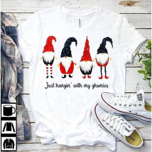 Unisex Casual Just Hangin With My Gnomies Christmas Colored T-Shirt Casual Hipster Dwarf gift Christmas Holiday Tops quote tees