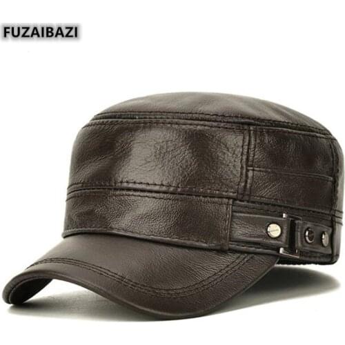 FUZAIBAZI New Mans Spring Fall Keep Warm Earmuff Cowhide SnapBack Hat Outdoor Adjustable Size Military Cap