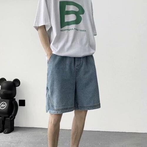 Summer denim shorts male port style retro loose wide-leg five-point pants 2021 new trend handsome five-point pants