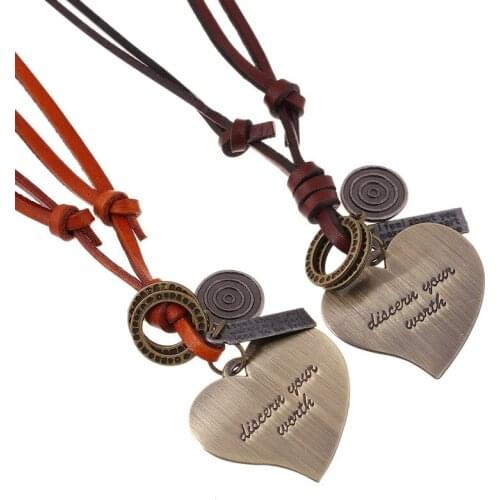 Vintage Retro Women Heart Pendant Necklace Alloy Love Charms Adjustable Long Chain Handmade Leather Choker Fashion Jewelry Gift