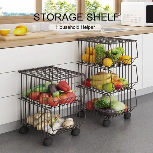 Iron Storage Shelf 2/3/4 Layer Tier Drying Mesh Basket Metal Rack with Wheels Storing Fruit Vegetable Toys Organizer for Kitchen