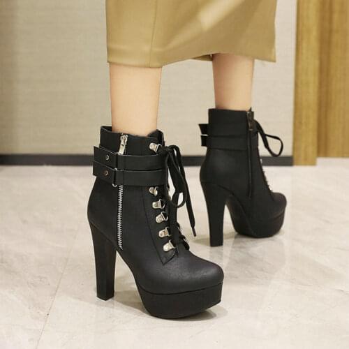 Sianie Tianie 2021 Winter Punk Goth Lace-up Zipper Round Toe Platform Thick 12cm High Heels Womens Warm Ankle Boots Big Size 50