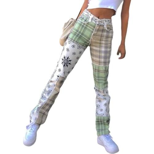 Women Fashion Patchwork Jeans Lady Girls Straight Leg Pants A-line Vintage Stretchy Frayed Denim Pants Jeans Femme Trousers