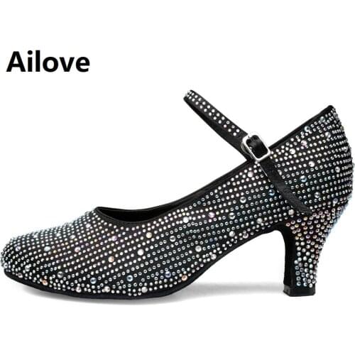 Ailove Women`s Modern Dance Pumps Black Satin Rhinestone Party Wedding Closed-toe Practice Dancing Shoes Latin Dancer Heels S55