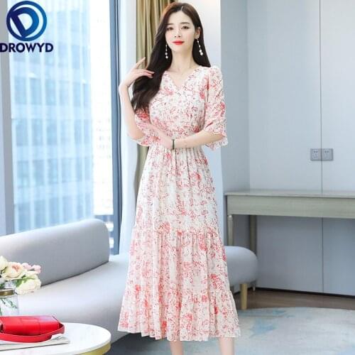 Women Long Floral Chiffon Dress Summer 2021 Boho Retro Fairy Elegant Casual Party Beach Vacation Runway Vestidos Korean Maxi New