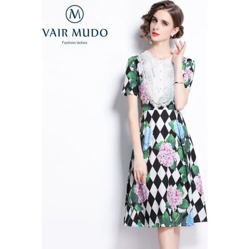 Embroidery Stitching Women Dress Doll Collar Short-Sleeved Waist Large Hem Plaid Print Mid-Length Temperament Dress FemaleY-219