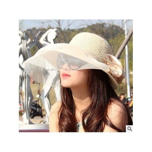 10pcs/lot korean style woman summer lace straw hat lady Wide Brim Beach sun hat lady sweet straw hat