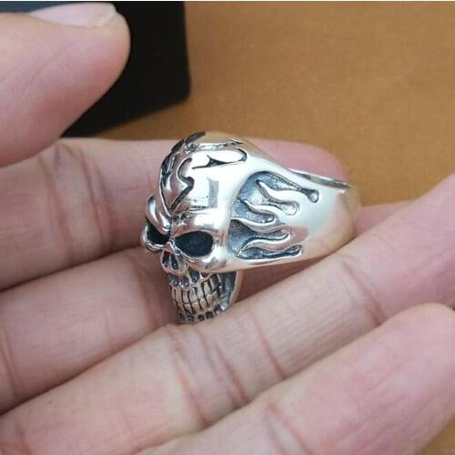 100% 925 Silver Fire Skull Ring Real Sterling Silver Skeleton Ring PUNK Jewelry Man Ring COOL