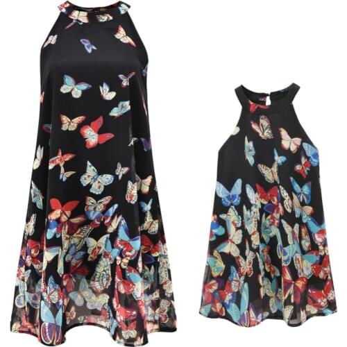 Baywell Summer Sweet Mom Daughter Butterfly Print Chiffon Dress Parent-child Sleeveless Dress Mother And Me Family Clothing