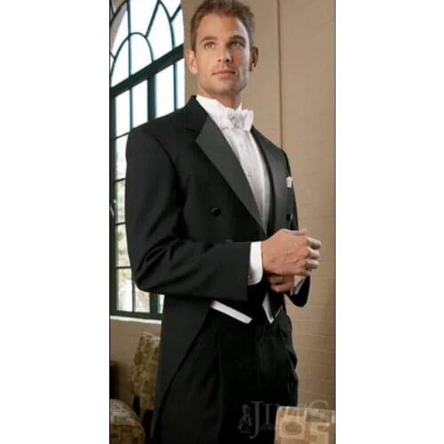 Black Tailcoat Two Button Groom Tuxedos Peak Satin Lapel Best man Groomsman Men Wedding Suits Bridegroom (Jacket+Pants+Tie+Vest