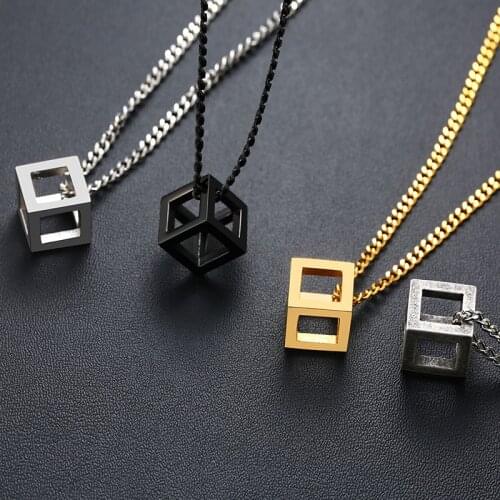 Geometric Cube Square Neckalce Pendant for Women Men Statement Necklace Stainless Steel Hollow Vantage Jewelry