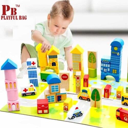 Pb playful bag 2018 Childrens toy wooden building blocks and puzzle toys 62 pcs urban traffic scene parents interactive games