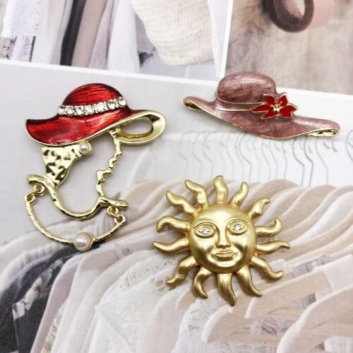 Hat Red Pink Enamel Alloy Brooches Sun Crystal Rhinestones Drip Glaze Pins