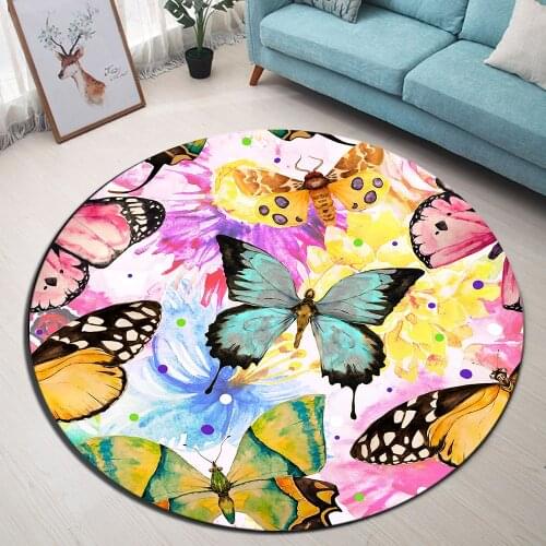 Watercolor Butterflies On Floral Background Round Living Room Cushion Kitchen Floor Area Rugs Bathroom Non-Slip Carpets Door Mat