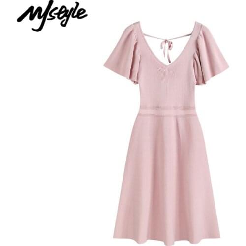 MJstyle Summer Women Elegant Slim Fitting Dress Office Lady Sexy Fashion V-neck Pink Knit Dress Streetwear Clothing 621060002