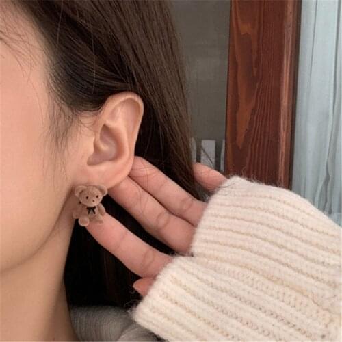 New Korean Kawaii Funny Plush Small Stud Earrings Cute Bow Bear Statement Dainty Earring Fashion Jewelry 2021 AOMU