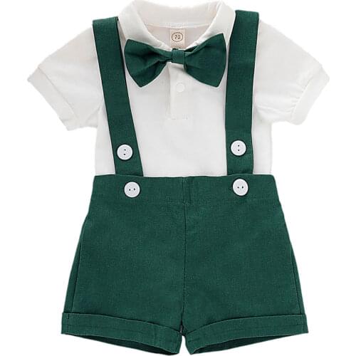 3 Pcs Newborn Solid Color Outfits, Baby Boys Short Sleeve Lapel Romper + Suspender Pants + Bow Tie