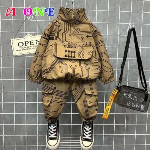 Autumn Spring boys set girls baby denim jacket +pants 2 pcs set kids suit for children ins geometric fashion full print 2-10 yrs