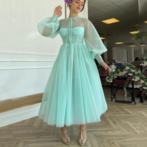 High Neck Long Sleeve Mint Green Tea Length Buttons Prom Dress A-Line Tulle Evening Gowns