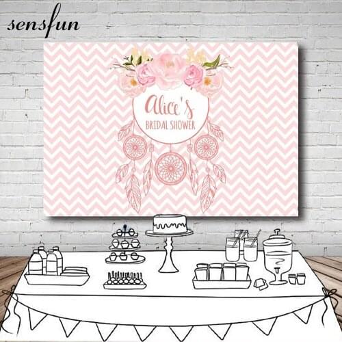 Sensfun Bridal Shower Backdrop For Photography Backdrop Pink Wave Striped Flowers Dreamcatcher Backgrounds For Birthday Party