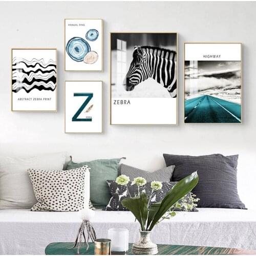 Nordic Animals Horse Decoration Painting Abstract Blue Annual Ring Highways Letters Canvas Wall Picture Print Poster Living Room
