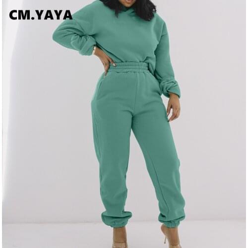 CM.YAYA Active Fleece Two 2Piece Set for Women Fall Winter Fitness Outfit Pullover Hoodies + Jogger Pants Sporty Tracksuit