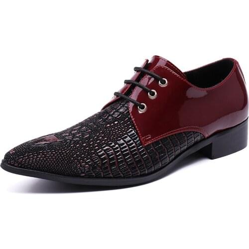 Lace-up Spring British fashion trend shoes pointy shoes wine red matching tie wedding shoes Genuine Leather Loafers low heel