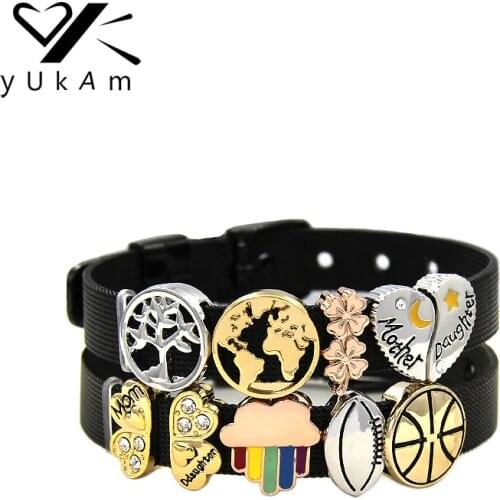 YUKAM Moon Star Mother Daughter Basketball World Map Life Tree Four Leaf Clover Slide Charms Keeper for Bracelets Jewelry Making