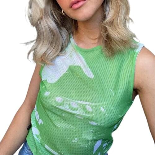 Women Close-fitting Sleeveless Tops Printed Pattern Round Collar Camisole Ladies Casual Tops