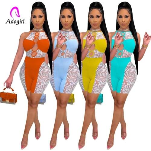 Fitness Women Playsuit Mesh Patchwork Sleeveless Skinny Rompers 2021 Summer Sexy Hollow Out Night Club Party One Piece Outfits