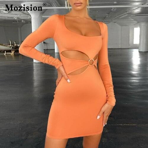 Mozision Medal Ring Patchwork Waist Hollow Out Sexy Women Dress 2021 Party Club Long Sleeve Low Cut Bodycon Pencil Fall Dress