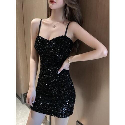 Sexy black dress ladies 2020 new autumn and winter temperament sequin suspender dress outer wear bag hip tight dress
