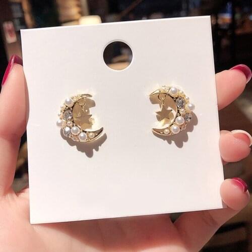 2 Pcs/Set Women Earrings Fashion Stars Moon Pearl Crystal Gold Earring Set Exquisite Wedding Party Jewelry Accessories