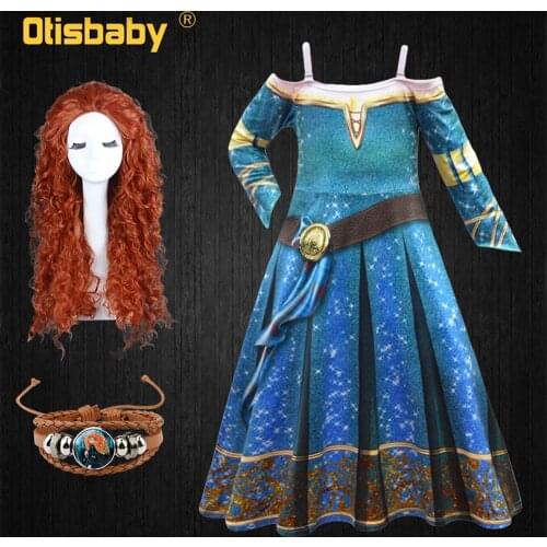 2021 New Year Girls Princess Merida Costume Brave Cosplay Costume Vintage Long Sleeve Shoulderless Dress Birthday Party Dresses
