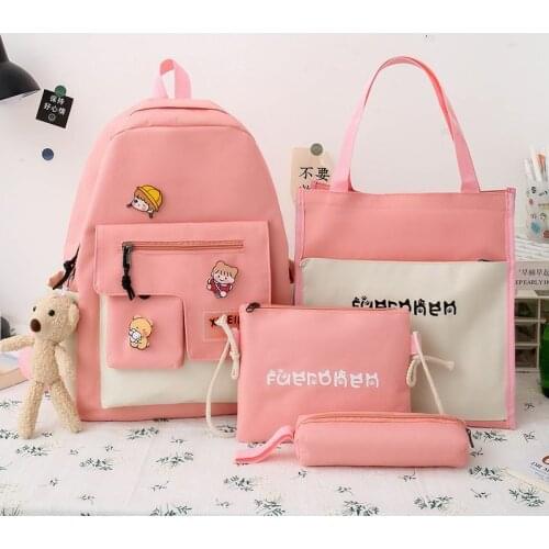 4 Pcs Sets Schoolbags fashion preppy style women backpack Canvas school bag for teengers gilrs large badge travel bagpack