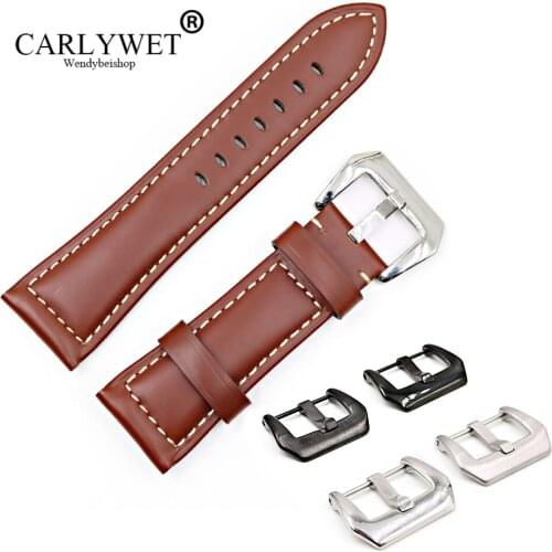 CARLYWET 22 24 26mm Brown Smooth Real Leather Handmade Thick Replacement Wrist Watch Band Strap Belt With Pre-V Screw Buckle