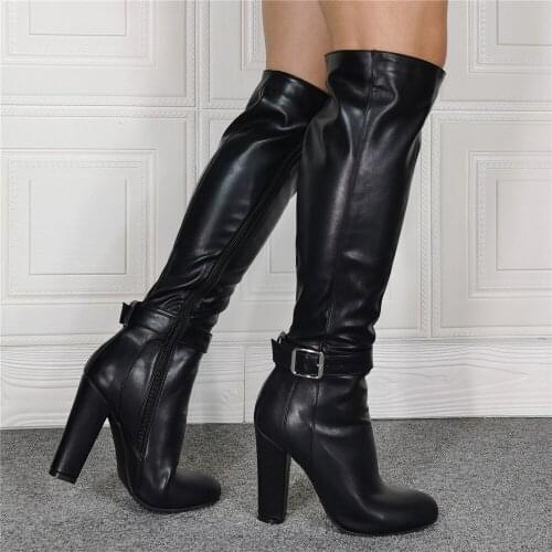 Designer Square High Heel Boots Leather Stocking Ladies Winter Knee High Long Booties Hoof Heels Stretch Womens Shoes F591