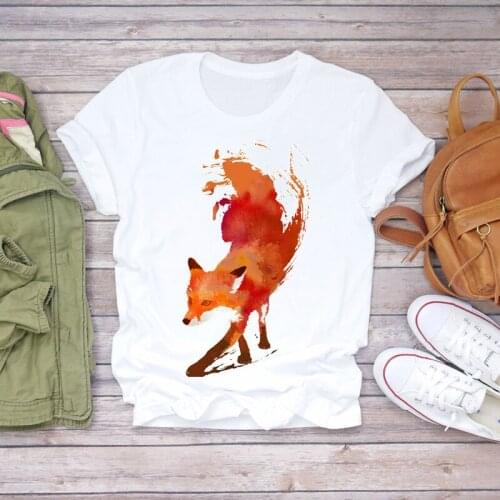 Women Watercolor Fox 90s Cute Short Sleeve Fashion Print Lady T-shirts Top Womens Graphic T Shirt Ladies Female Tee T-Shirt