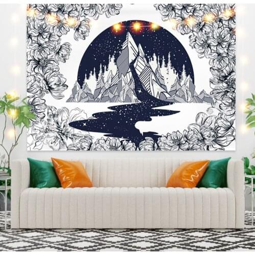 Mountain with Flowers Scenery Tapestry Vintage Exotic Summer Plant Nature Frame for Bedroom Photography Wall Decor