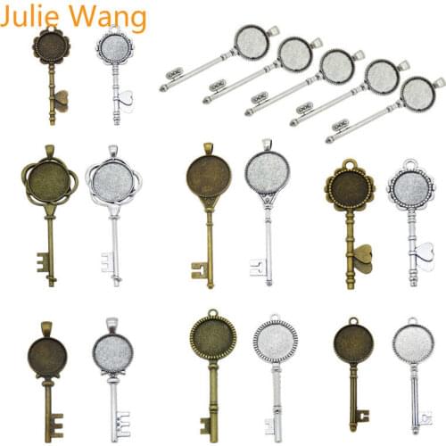 Julie Wang 1 Pack Antique Color Key Shape Round Cabochon Setting Base Tray Bezels Blank Charms For Photo Pendant Jewelry Making