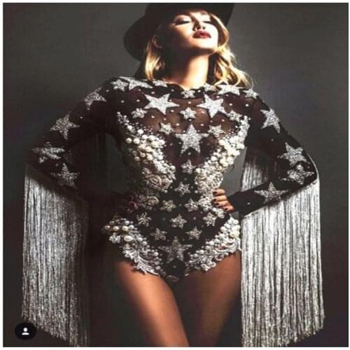 Sexy stage dance jumpsuit Dropshipping Pearl black star bodysuit women singer party dance wear