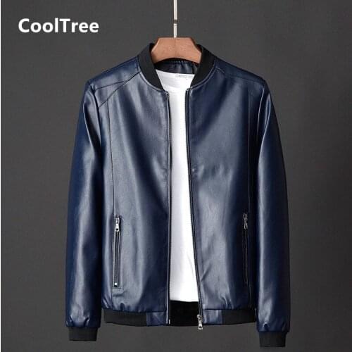 CoolTree Men Leather Jacket Spring Autumn Solid color PU Casual Bomber Coats Male Slim Fit Zipper Motorcycle Leather Outerwear