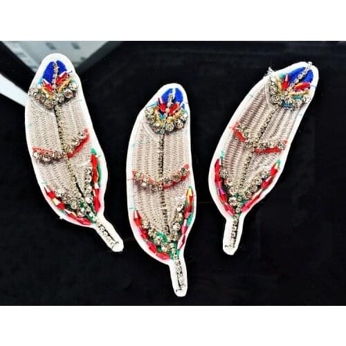 2pcs Feather rhinestone beaded applique patches for Clothes beaded fabric embroidery patch DIY decorative sew on accessories