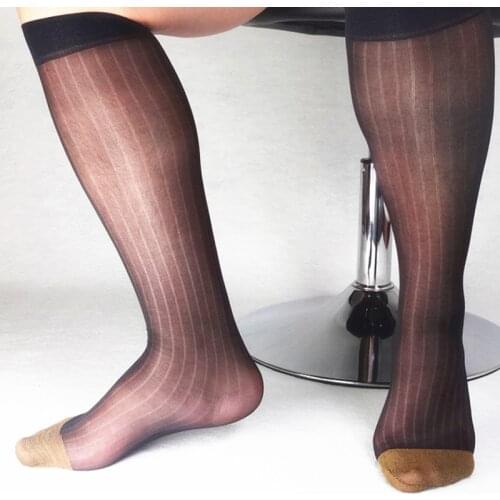 1 Pair Mens Wide Striped Toe Sheer Socks Silk High Thin Breathable Sexy Softy Socks Business Office Stockings Black Gold Blue