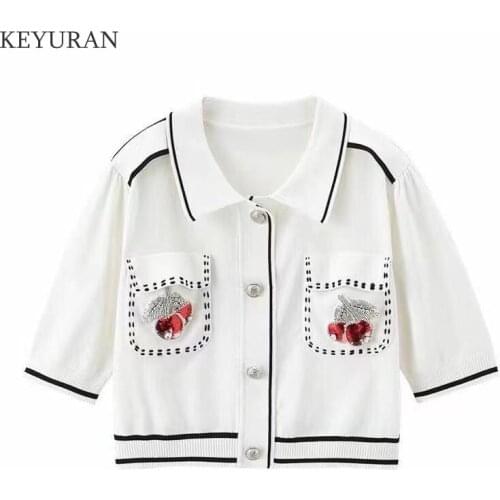 2021 Korean Style New Lapel Cherry Sweater Beaded Spring/Summer Women Short-Sleeved Thin Knitted T Shirt Top Pink White